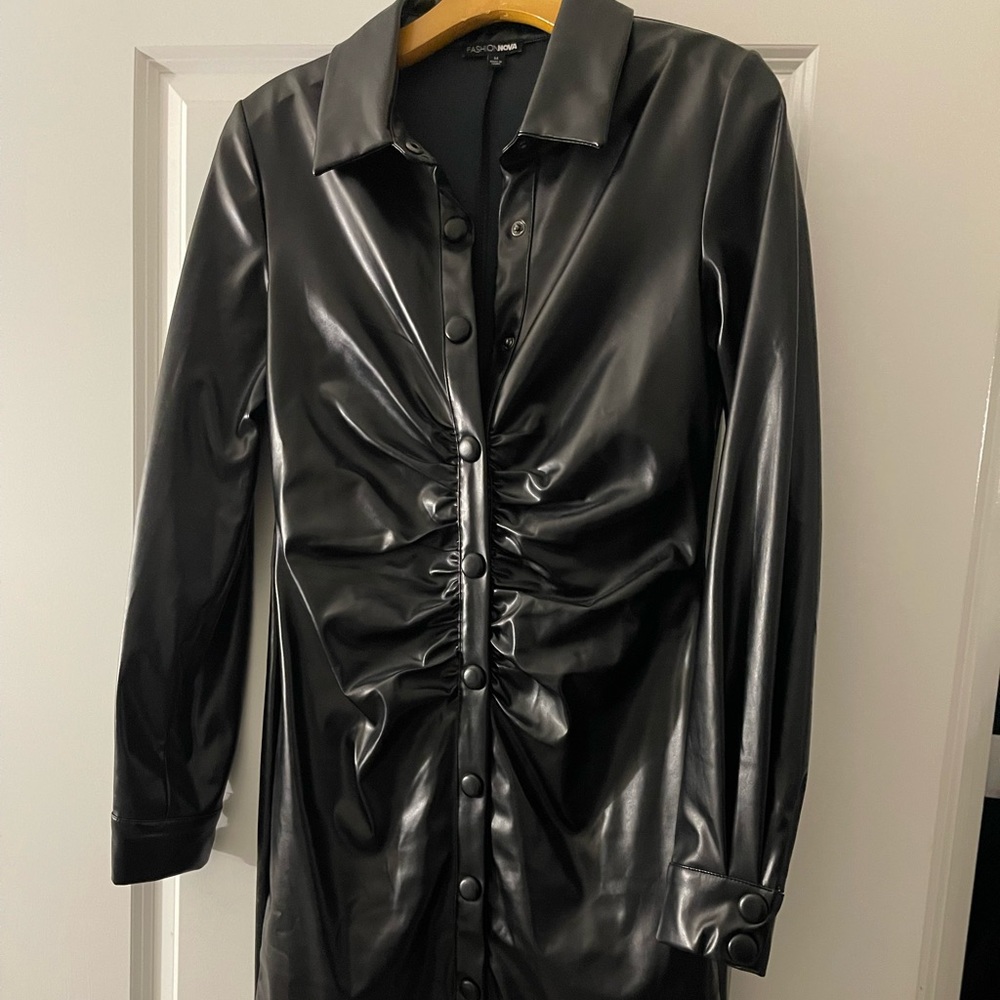 Black Faux Leather Mini Shirt Dress